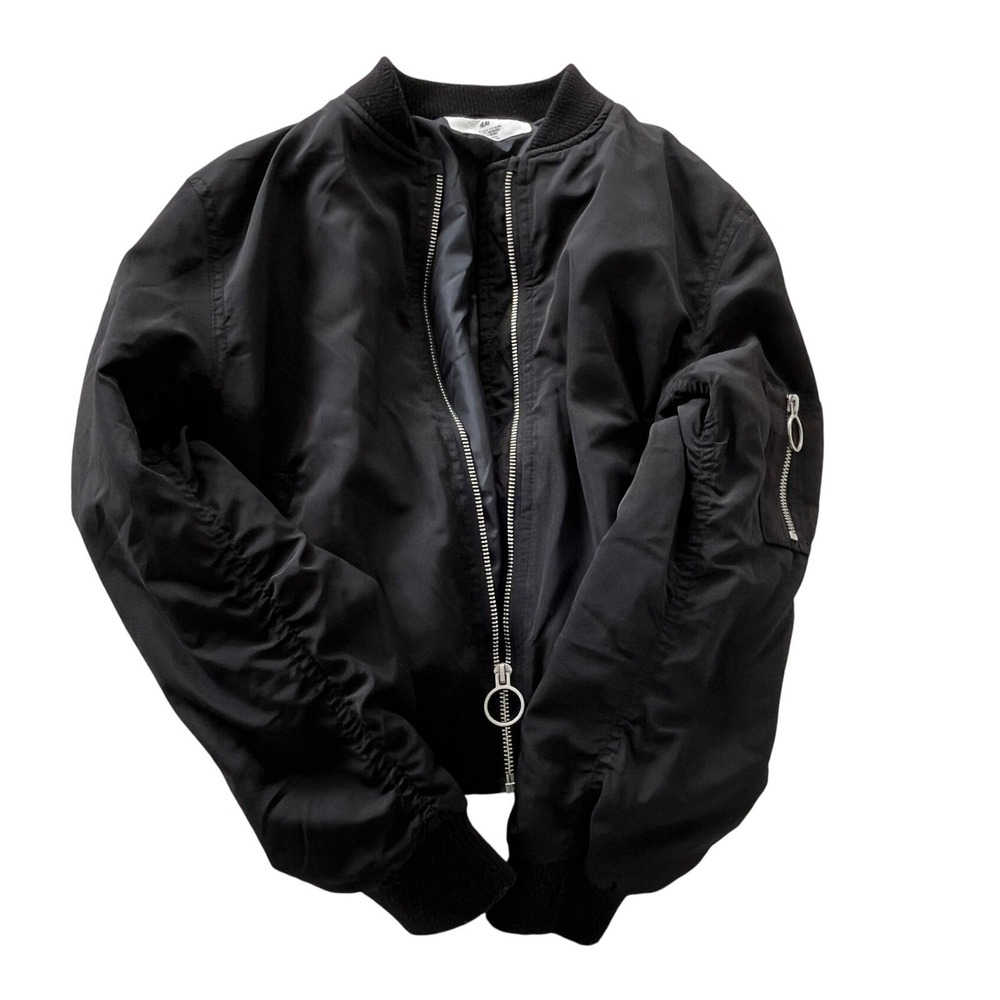 H M Black Bomber Jacket Full Zip Ring Detail Ribbed Cuffs Sz 10 11 - Picture 12 of 12